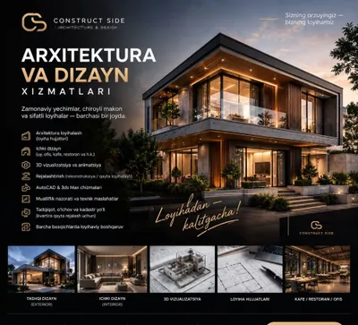 Arxitektor | Uy loyihasi | Interyer dizayni | Eskiz | 3D | Topografik suratga olish 1