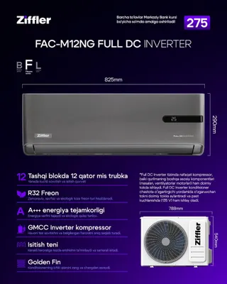 ZIFFLER 12 Full DC inverter/PTC HEATER/R32/GMCC konditsioneri + yetkazib berish