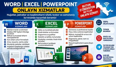 Word, Excel, PowerPoint xizmatlari — 100% onlayn
