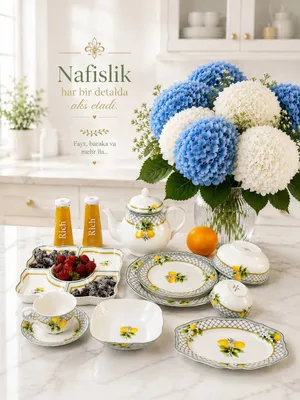 Premium New bone china farfori, 6 kishilik to‘plam, 45 predmet