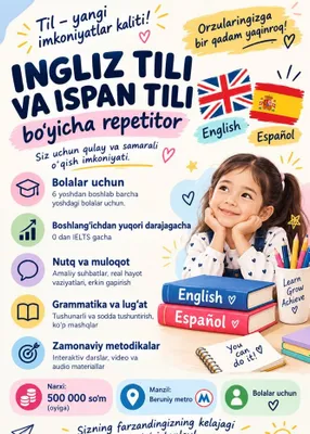 Ingliz tili va ispan tili bo‘yicha repetitorlik darslari.