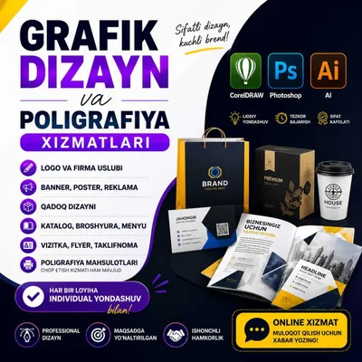 Grafik dizayn va poligrafiya xizmatlari Corel draw, Photoshop AI N1