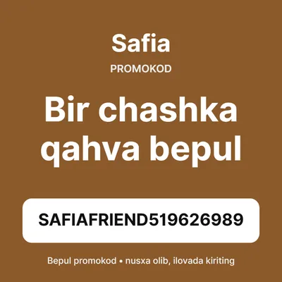 Safia promokod — bepul qahva