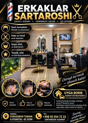 Erkaklar sartaroshi. Salon va uyga borib xizmat ko'rstamiz.