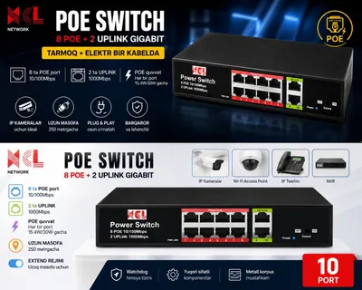 PoE Switch 8 Port + 2 Gigabit Uplink — Yangi 1