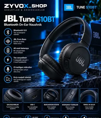 JBL Tune 510BT simsiz Bluetooth quloqchin