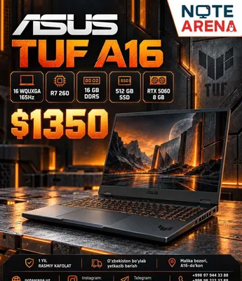 Asus TUF A16, 16" WQUXGA, 165 Гц, R7 260, 16 ГБ DDR5, 512 ГБ SSD, RTX 5060 8 ГБ