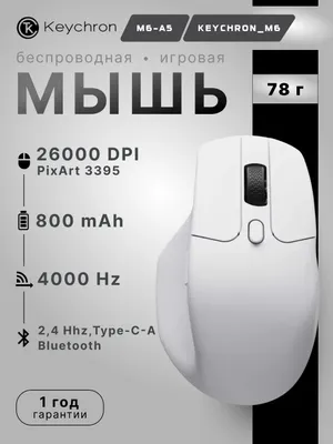 Keychron M6 o‘yin uchun simsiz sichqoncha BT/WL/USB-A/USB-C, 4K, 120 soatgacha ishlash, M6A5 1
