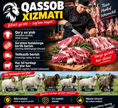 Qassob hizmati halol sifatili qoy doyib beramiz 1