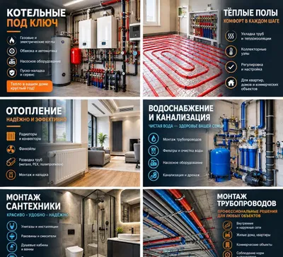Isitish • Suv ta’minoti • Kanalizatsiya • Qozonxonalar • Issiq pollar • Santexnika