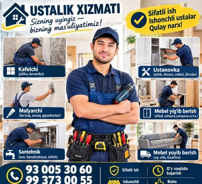 Sifatliy remont ustanofka plastik ishlari kafel ishlari hamyonbop