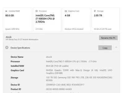 Hp ZBook Fury 15 G7 80gb Озу(RAM) 2TB SSD + 256gb ssd + Nvidia Quadro 1
