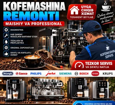Uy va professional qahva mashinalarini joyiga borib ta’mirlash. 2004-yildan beri ishlaymiz 1