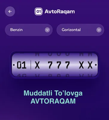 Avtoraqam muddatli to’lovga 12oy, 6oy 1