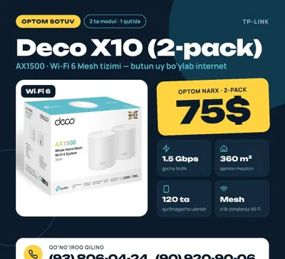 TP-Link Deco X10 2-Pack — Mesh Wi-Fi 6 AX1500, o‘rnatish bo‘yicha qo‘shimcha xizmat