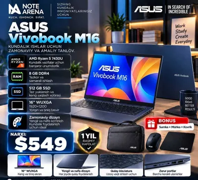 ASUS VIVABOOK 16 WUXGA 60HZ/ R5 7430 / 8 GB DDR5 / 512 GB SSD