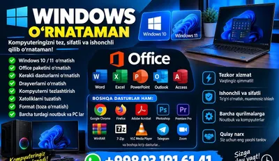Windows 10/11 o‘rnatish, Office va dasturlar, kompyuter sozlash
