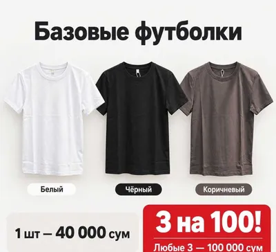 Oddiy futbolka 1 dona — 40 000 so‘m, 3 dona — 100 000 so‘m 1