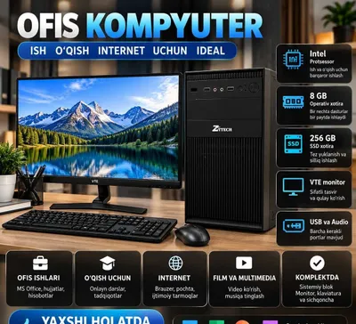 Ish va o‘qish uchun monitorli, to‘liq komplektdagi ofis kompyuteri 1