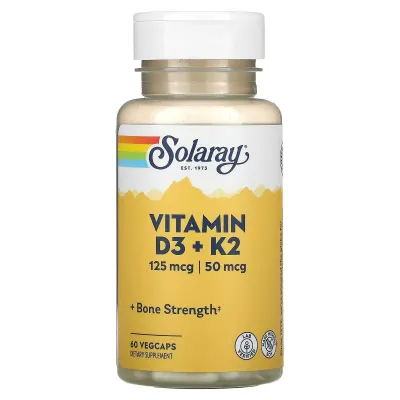 Solaray D3 / K2 vitamini, Vitamin D3 + K2, 60 ta o‘simlik kapsulasi, AQSh 1