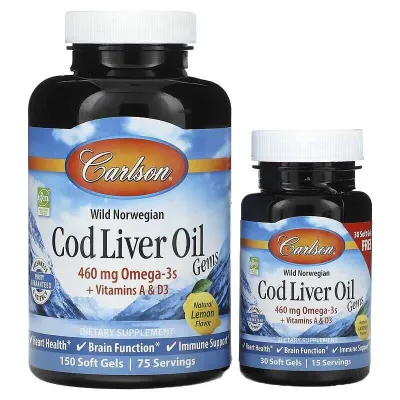 Carlson, Cod Liver Oil, масло печени трески, лимон, 150 + 30 таблеток 1