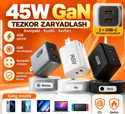 Zaryadlovchi adapter 45W GaN Type-C PD, 2 portli tezkor zaryadka 1