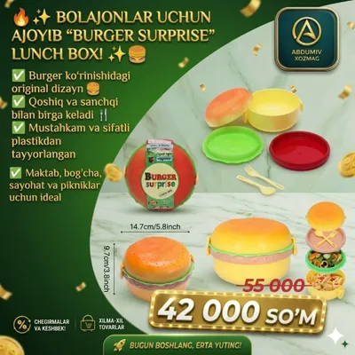 BOLAJONLAR UCHUN “BURGER SURPRISE” LUNCH BOX 1