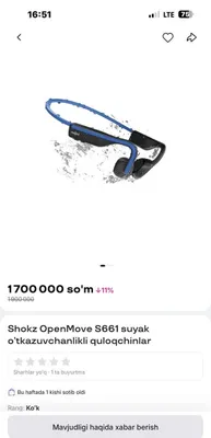 Shokz openmove s661 Suyak otqazuvchanlikli quloqchin