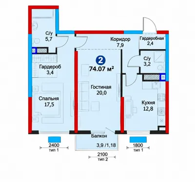2-комнатная, 74,36 м² | ЖК Maftun Makon 1