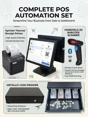 POS kassaga mo‘ljallangan komplekt (monoblok + чек printer + 2D skaner + metall pul qutisi)