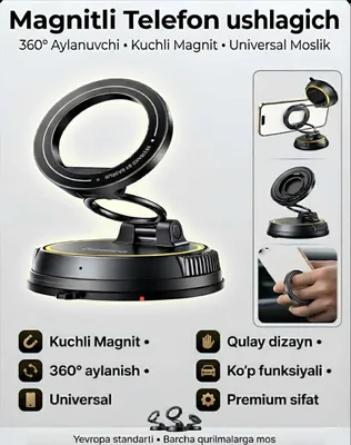 Magnitli telefon ushlagich VC2 Flex, vakuumli avtomobil holder 360°