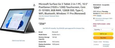 10-avlod i3 protsessorli, 8 GB tezkor xotirali, 128 GB SSD’li yangi Surface Go 3 mini-plansheti, Windows 1
