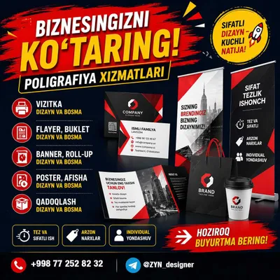 Reklama poligrafiya xizmatlari vizitka, flaer, banner dizayin hizmati