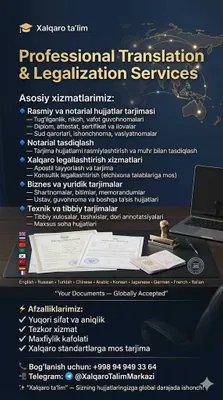 Turli horijiy tildagi hujjatlar, maqolalar, kitoblar tarjima qilish.