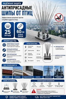 Антиприсадные шипы от птиц 60 см (25 прутьев)