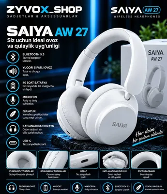 Беспроводные Bluetooth-наушники Saiya AW27, батарея 40 часов, USB-C, белые