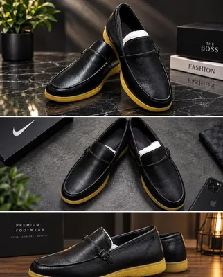 Qora charm loafer (sariq taglikli, toka bilan)