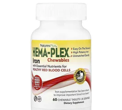 NaturesPlus Hema-Plex Iron Chewables, 60 ta chaynaladigan tabletka 1