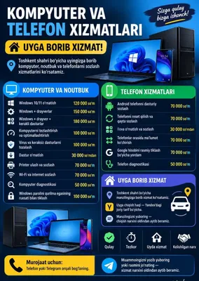 kompyuter va telefon xizmatlari uyga borib xizmat