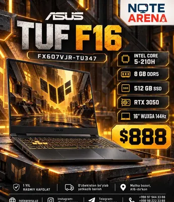 Asus TUF F16, 16″ WUXGA, 144 Гц, Core 5-205H, 8 ГБ DDR5, 512 ГБ SSD, RTX 3050