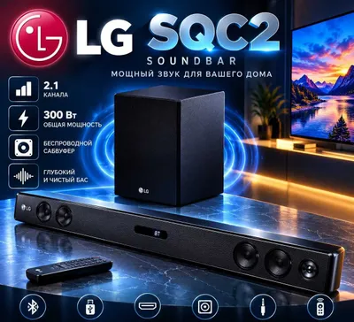 LG SQC2 saundbari — umumiy quvvati 300 Vt bo‘lgan 2.1 formatidagi audio tizim