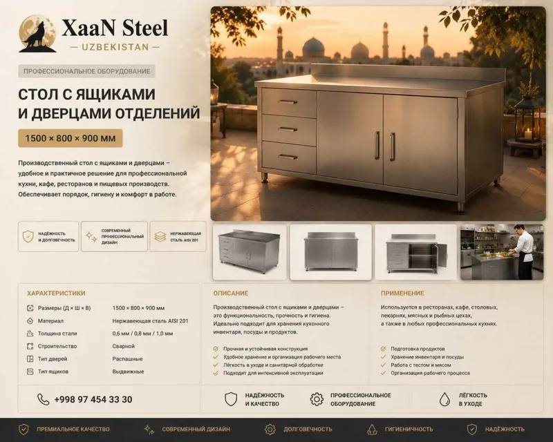 Стол с ящиками и дверцами отделений Размер: 1500×800×900 мм Нержавейка