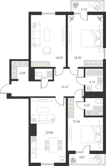 3 xonali kvartira, 106 m2, Uchtepa 2