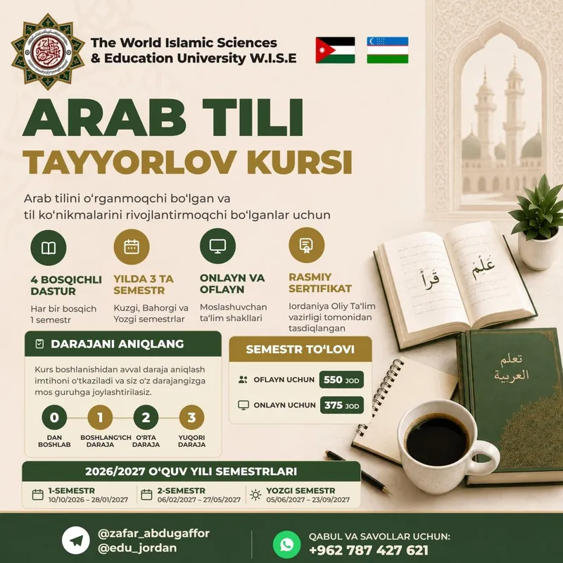 Arab tilini online oʻrgataman. Hujjatim bor. 26 yoshman