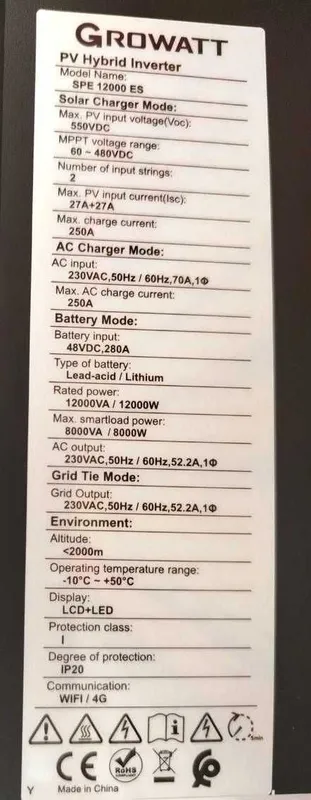 GROWATT Гибридный инвертор SPE 12000 ES 12000 ватт 12 кВА 1-фазный — фото 2
