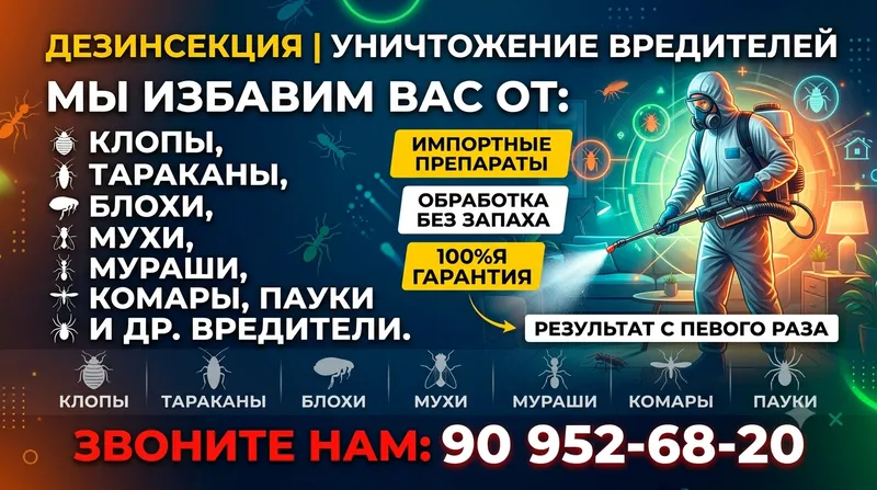 To‘shak qandalalari, tarakanlar paydo bo‘ldimi? Qo‘ng‘iroq qiling, yo‘q qilaman.