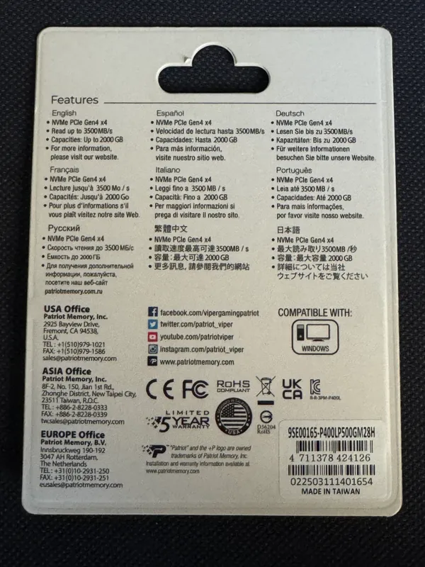 SSD M2 NVme Patriot P400 lite 500gb — фото 1