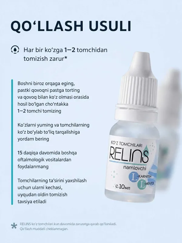RELINS L-karnitin va L-mentolli namlantiruvchi ko‘z tomchilari, 10 ml. 7 RELINS L-karnitin va L-mentolli namlantiruvchi ko‘z tomchilari, 10 ml. 7