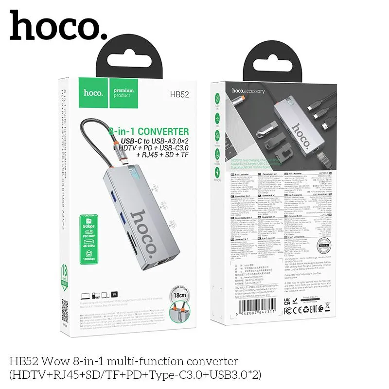 USB-C Хаб HOCO HB52 Wow 8 в 1, HDMI 4K 60Hz, RJ45, PD 100W