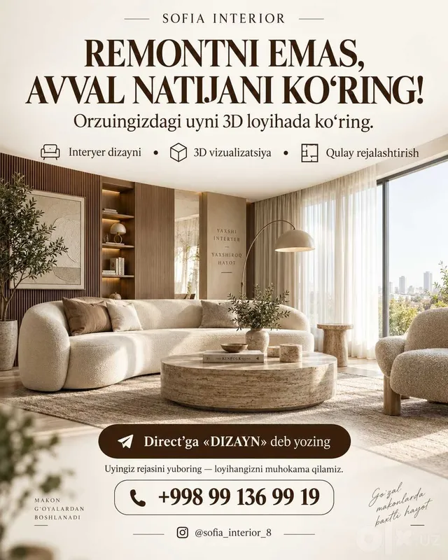 Interyer dizayner Toshkent | Dizayn loyiha, 3D vizualizatsiya 1 Interyer dizayner Toshkent | Dizayn loyiha, 3D vizualizatsiya 1